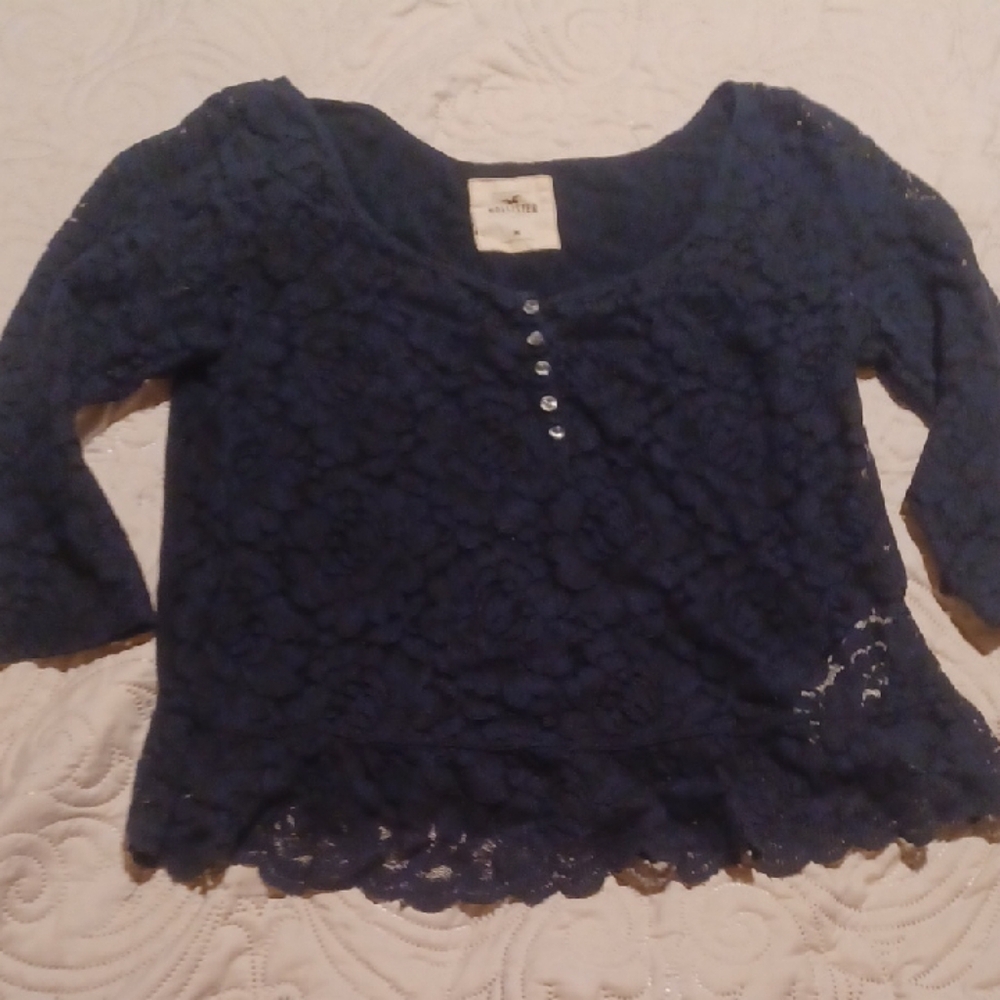 Hollister Navy Blue Lace Button Down Shirt